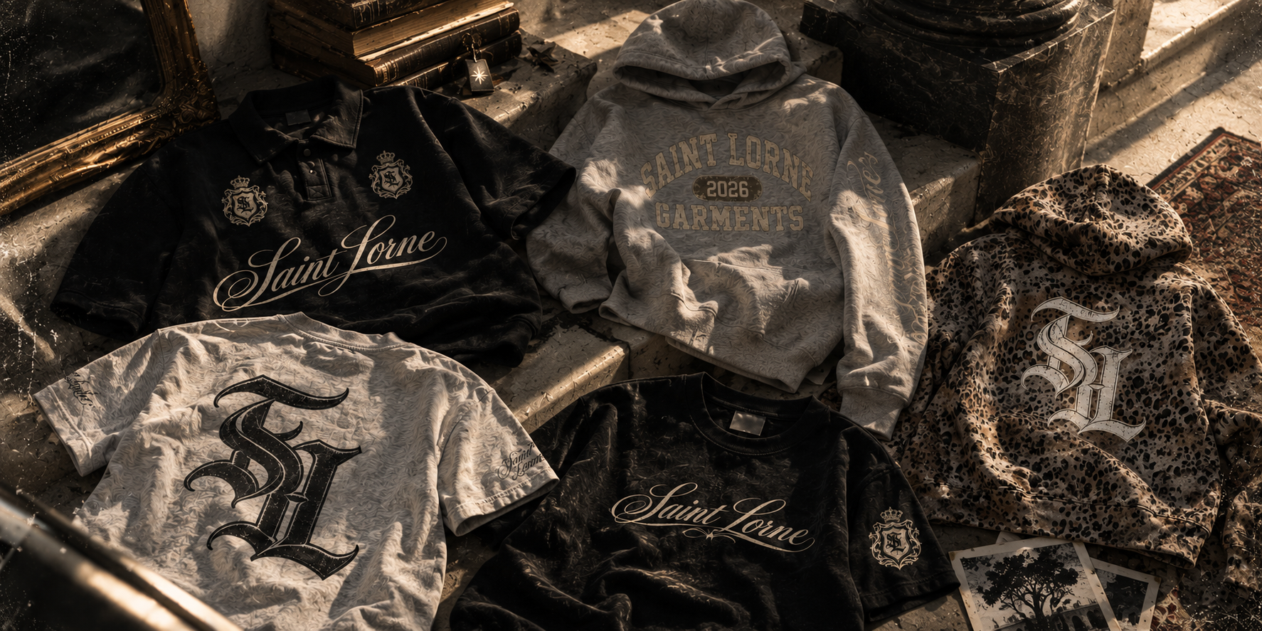 Saint Lorne Collection 01 garments laid on stone: Royal Crest polo, Garments hoodie, leopard Wildcat hoodie and Signature tees